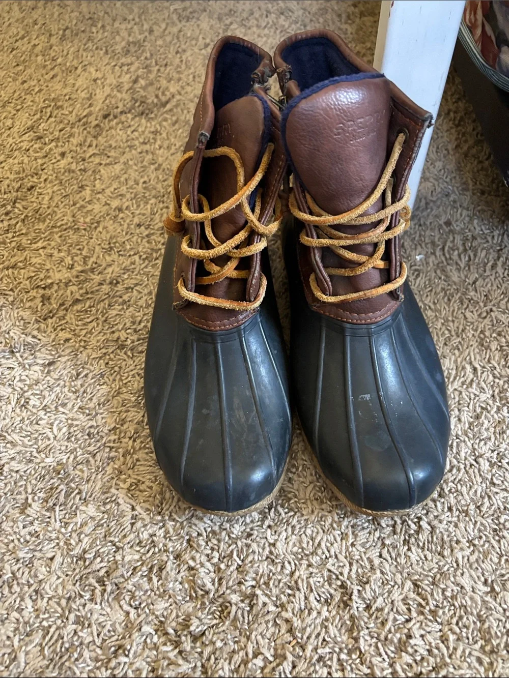 Sperry Kids Brown Leather and Navy Rubber Duck Boots with Tan Soles